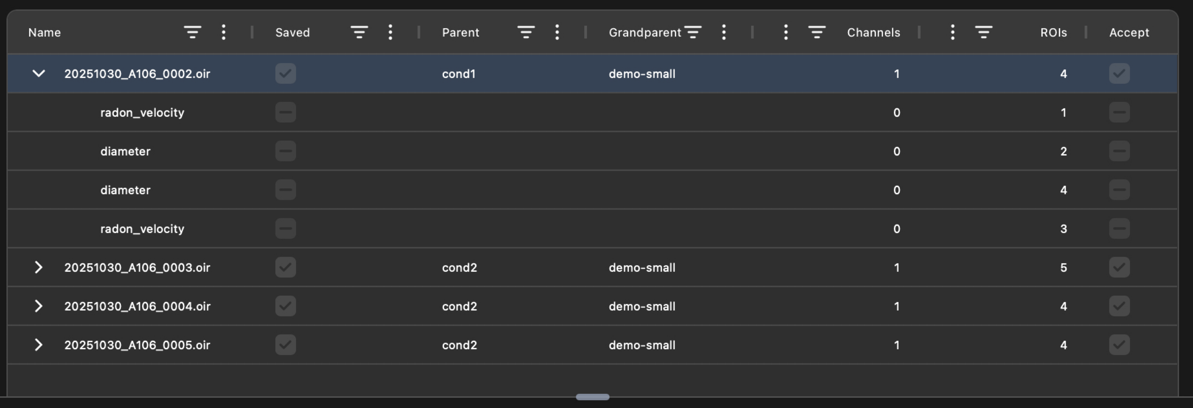 CloudScope file list and acquisition tree