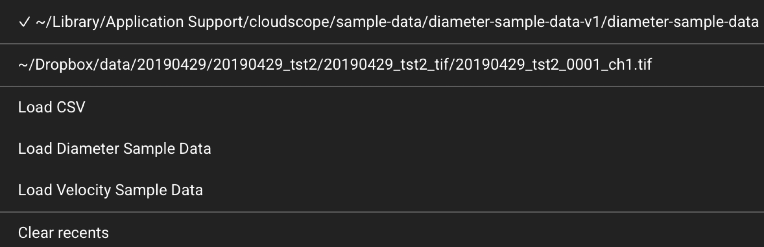 CloudScope history menu items